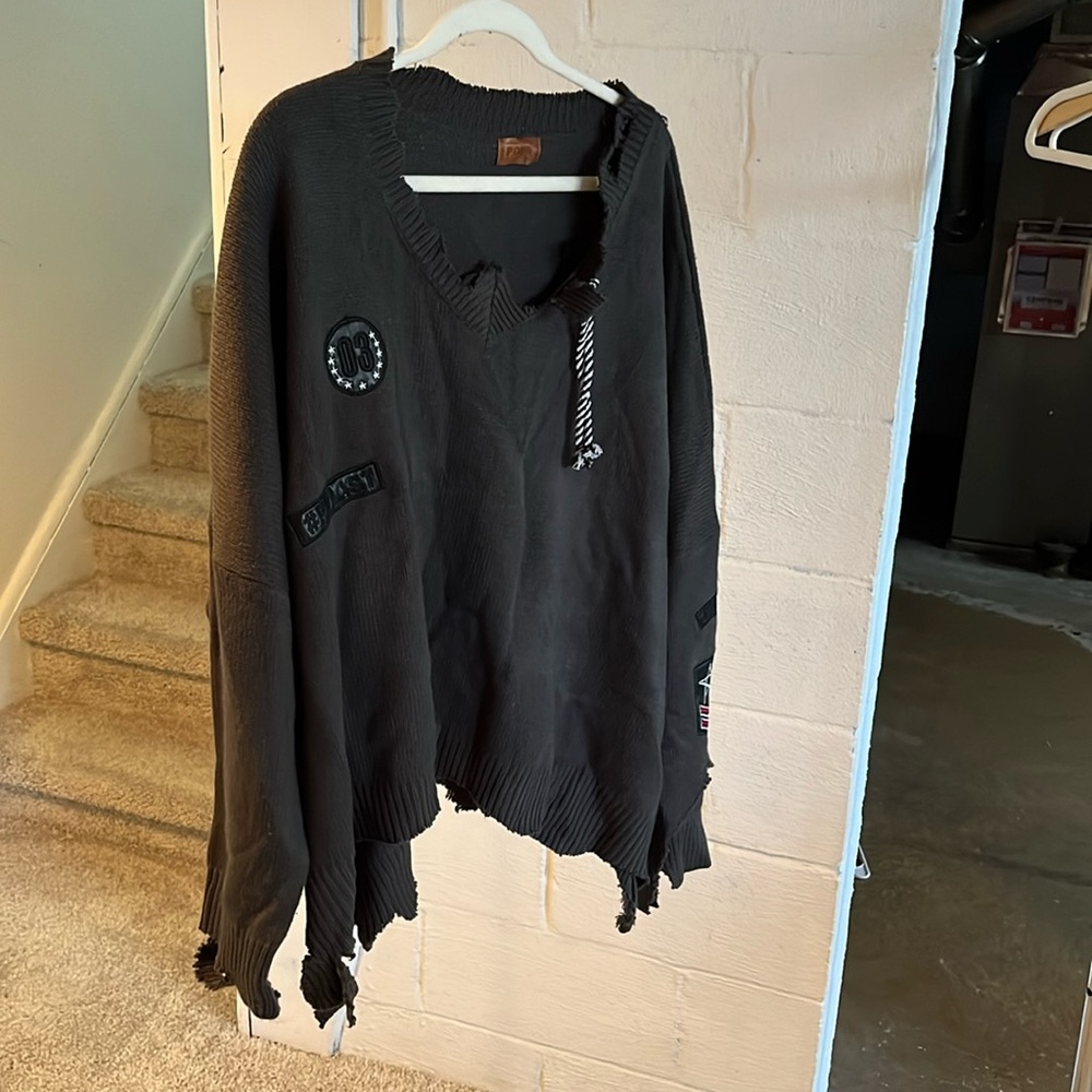 Sweater, ripped neck and sleeve new patches on front and sleeve